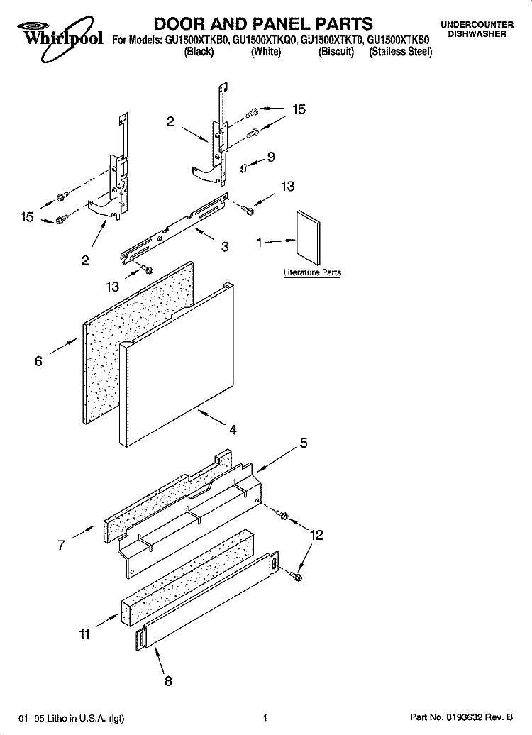 DOOR AND PANEL PARTS Diagram and Parts List for GU1500XTKQ0  Whirlpool Dishwasher