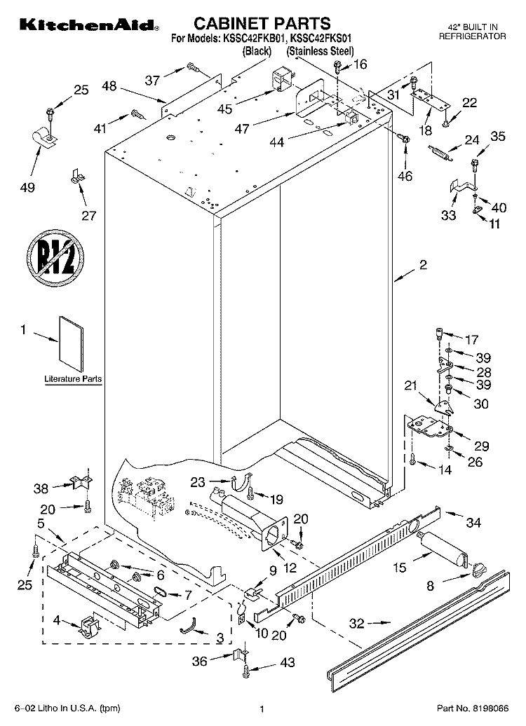 CABINET, LITERATURE Diagram and Parts List for KSSC42FKB01  KitchenAid Refrigerator