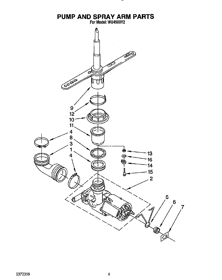 PUMP AND SPRAY ARM Diagram and Parts List for WU4500Y2  Roper Dishwasher
