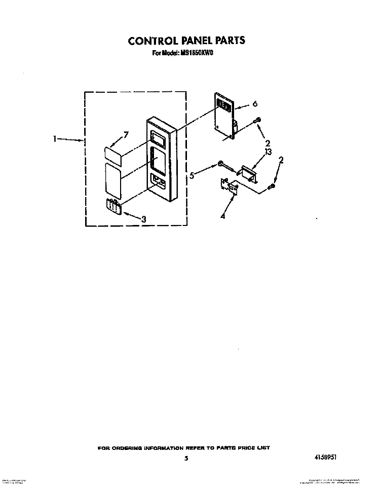 CONTROL PANEL Diagram and Parts List for MS1650XW0  Whirlpool Microwave