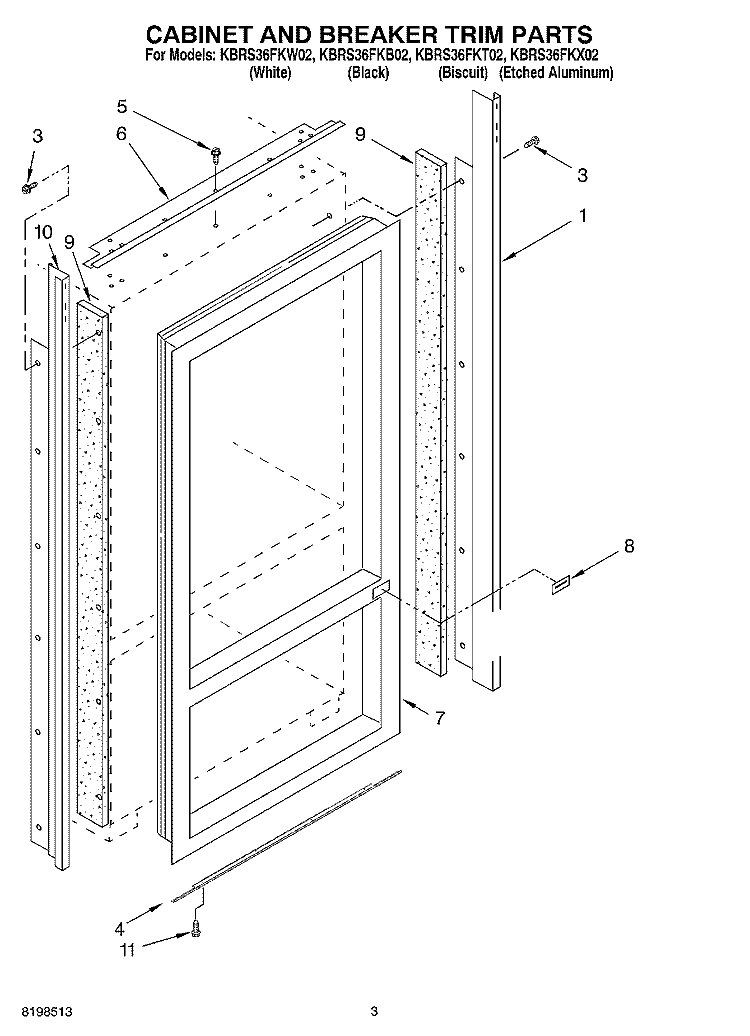 CABINET AND BREAKER TRIM PARTS Diagram and Parts List for KBRS36FKX02  KitchenAid Refrigerator
