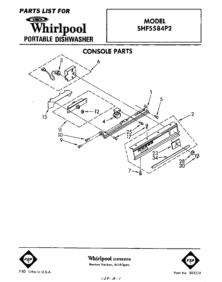 CONSOLE Diagram and Parts List for SHF5584P2  Whirlpool Dishwasher