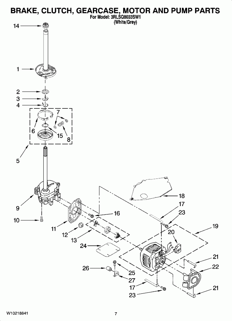 BRAKE, CLUTCH, GEARCASE, MOTOR AND PUMP PARTS Diagram and Parts List for 3RLSQ8033SW1  Whirlpool Washer