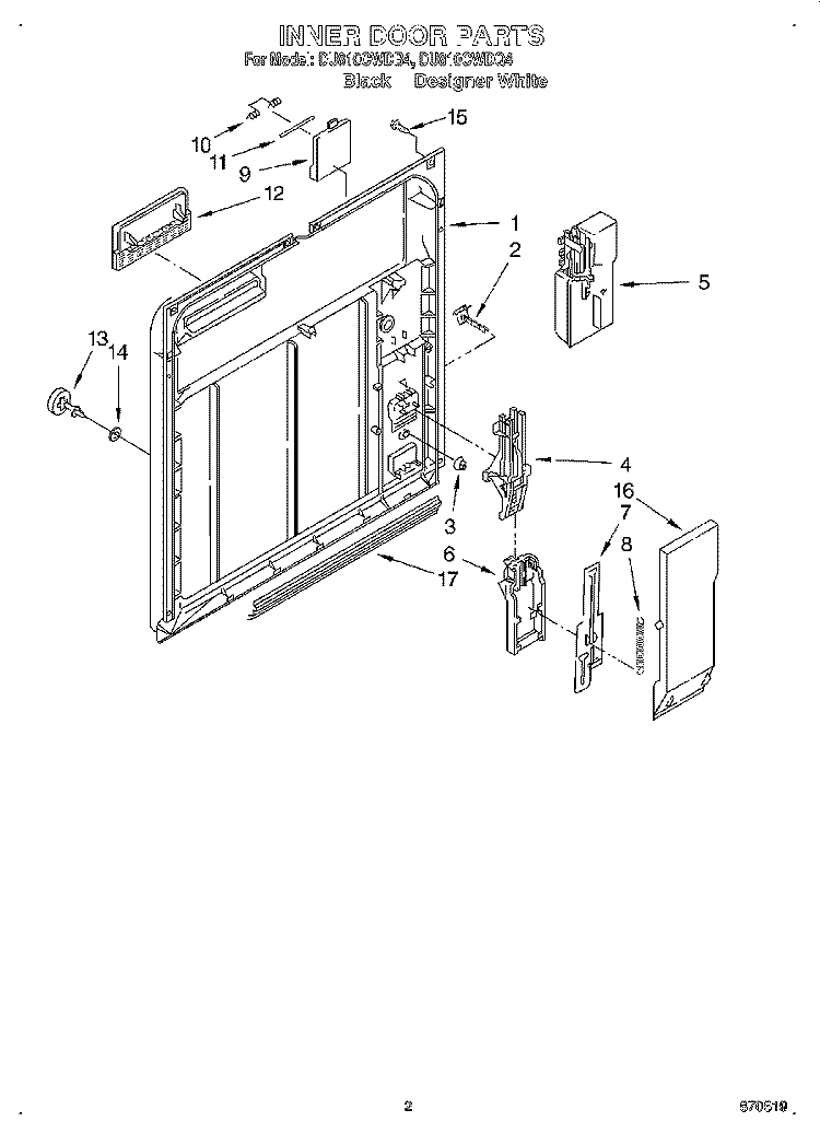 INNER DOOR Diagram and Parts List for DU810CWDQ4  Whirlpool Dishwasher
