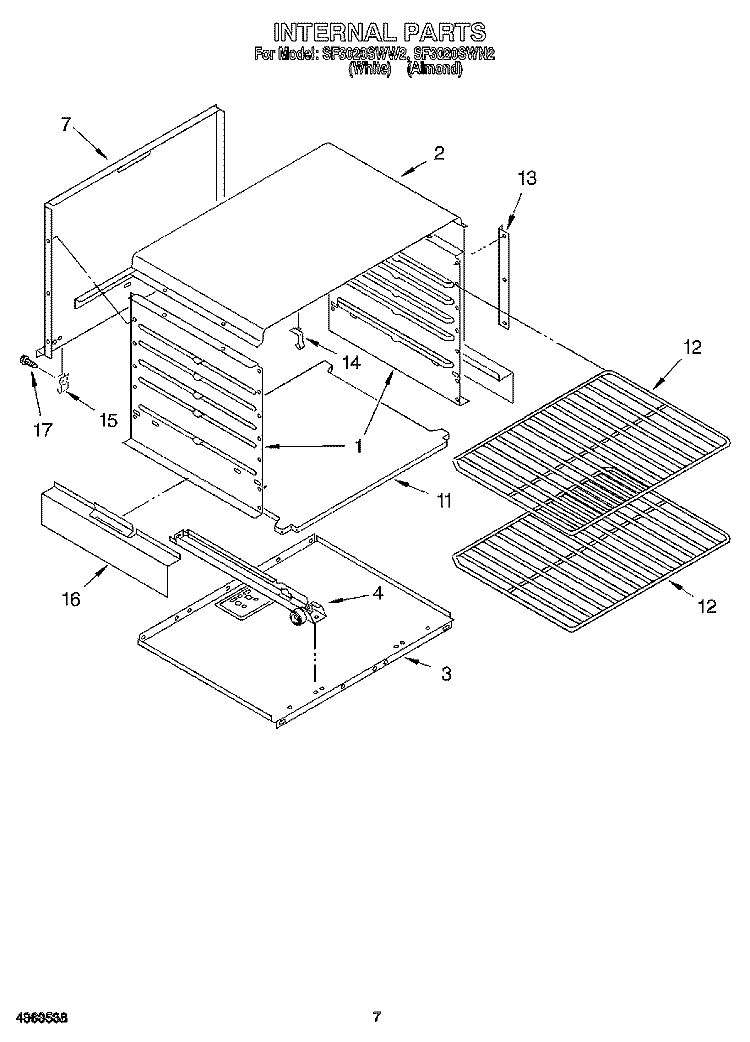 INTERNAL Diagram and Parts List for SF3020SWW2  Whirlpool Range