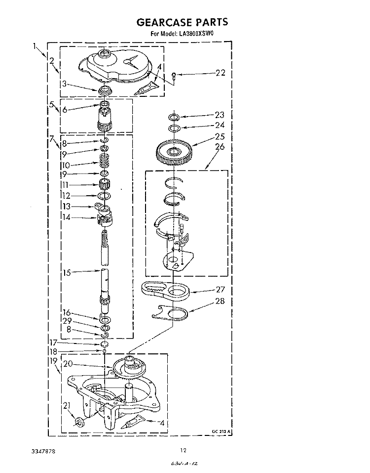 GEARCASE Diagram and Parts List for LA3800XSW0  Whirlpool Washer