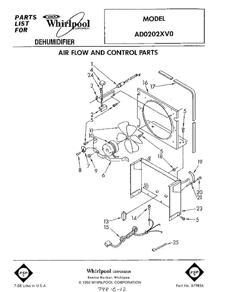 SECTION Diagram and Parts List for AD0202XV0  Whirlpool Dehumidifier