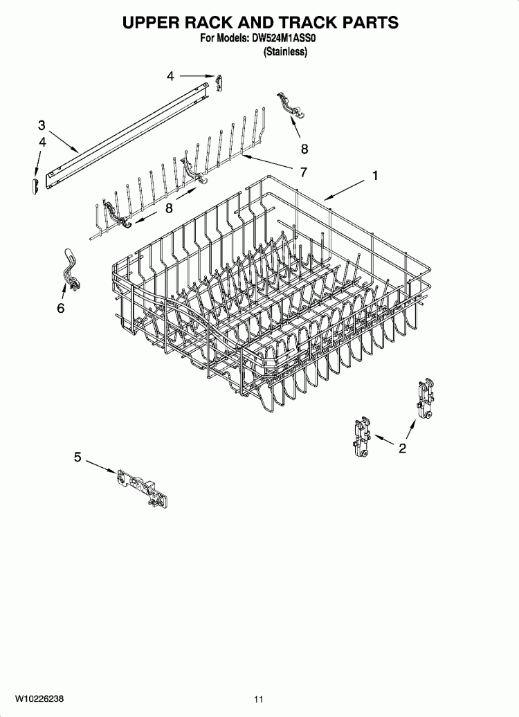 UPPER RACK AND TRACK PARTS Diagram and Parts List for DW524M1ASS0  Whirlpool Dishwasher