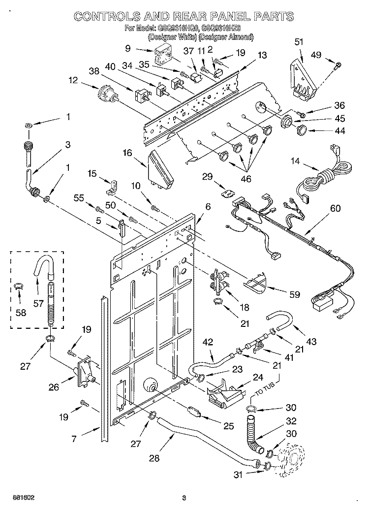 CONTROLS AND REAR PANEL Diagram and Parts List for GSQ9310HQ0  Whirlpool Washer