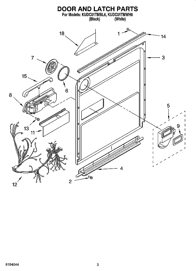 DOOR AND LATCH PARTS Diagram and Parts List for KUDC01TMBL6  KitchenAid Dishwasher