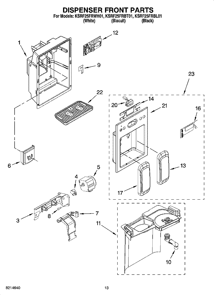 DISPENSER FRONT PARTS Diagram and Parts List for KSRF25FRBL01  KitchenAid Refrigerator