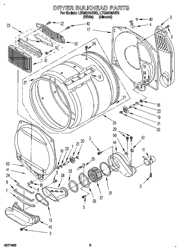 DRYER BULKHEAD Diagram and Parts List for LTG6234AN2  Whirlpool Washer Dryer Combo