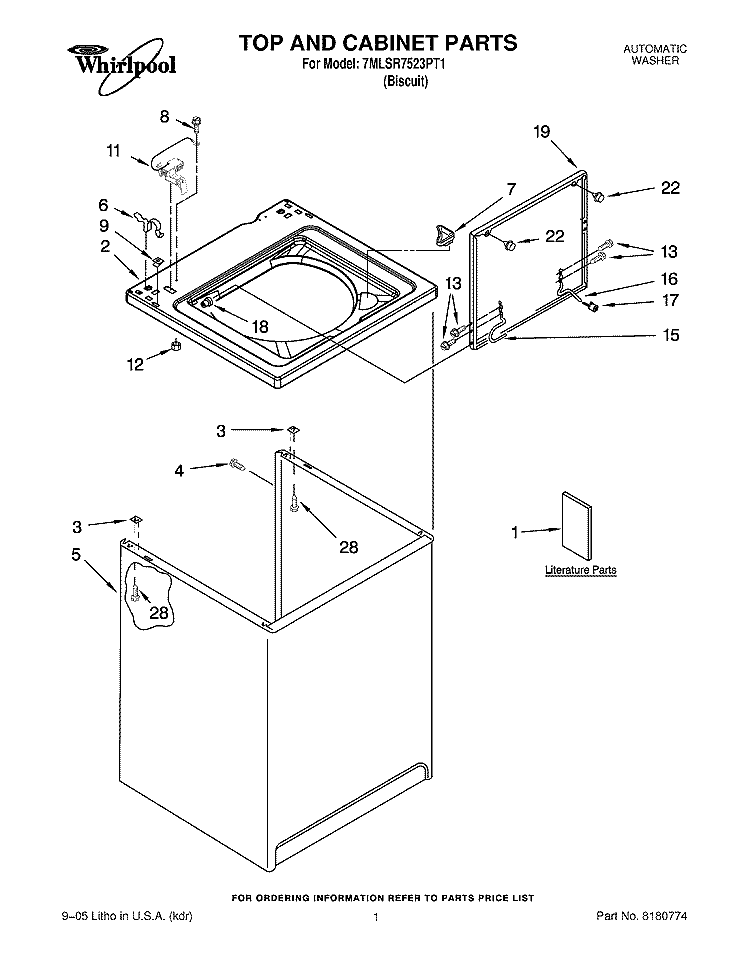 TOP AND CABINET PARTS Diagram and Parts List for 7MLSR7523PT1  Whirlpool Washer