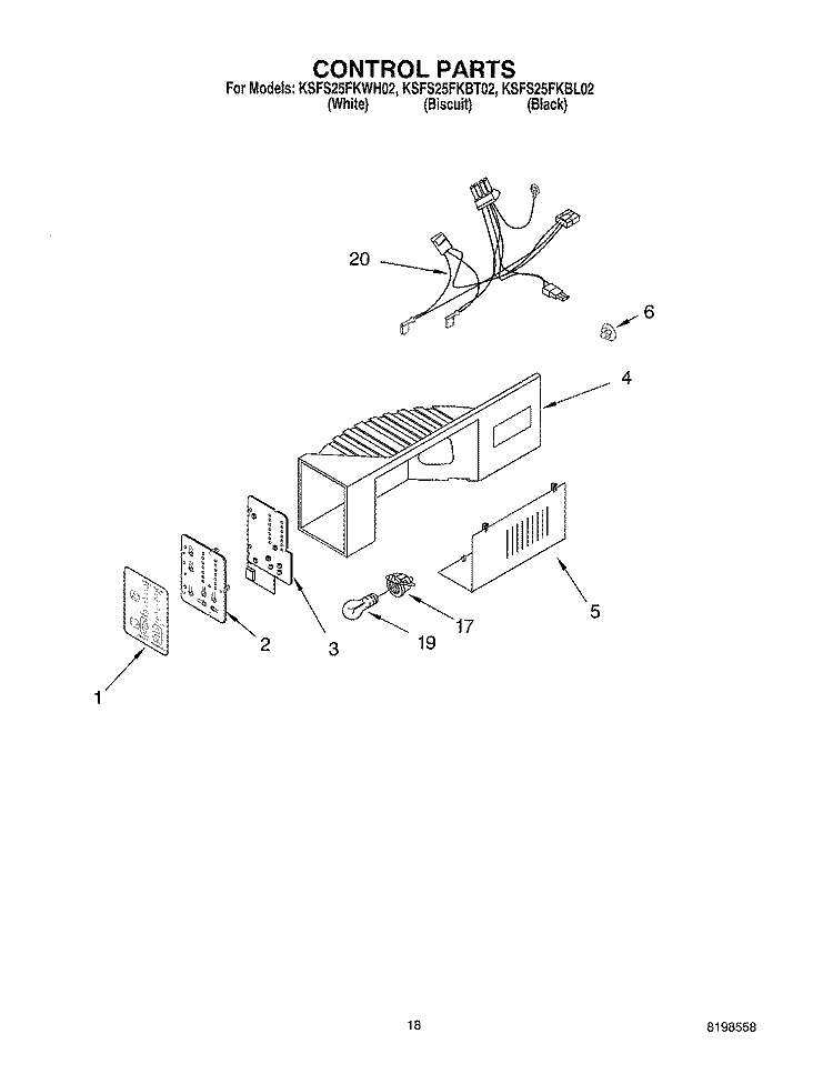 CONTROL PARTS Diagram and Parts List for KSFS25FKBL02  KitchenAid Refrigerator