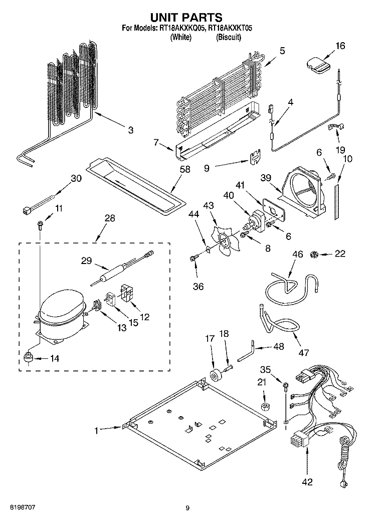 UNIT PARTS, OPTIONAL PARTS Diagram and Parts List for RT18AKXKT05  Roper Refrigerator