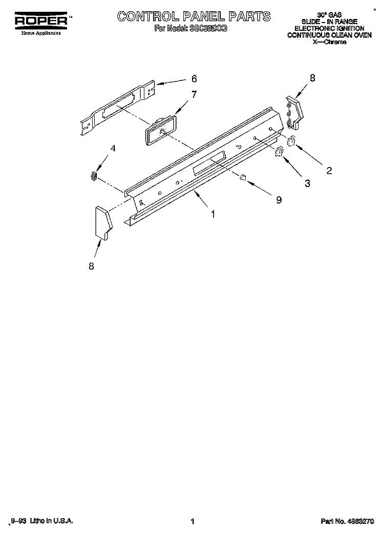 CONTROL PANEL Diagram and Parts List for SGC355XX3  Roper Range