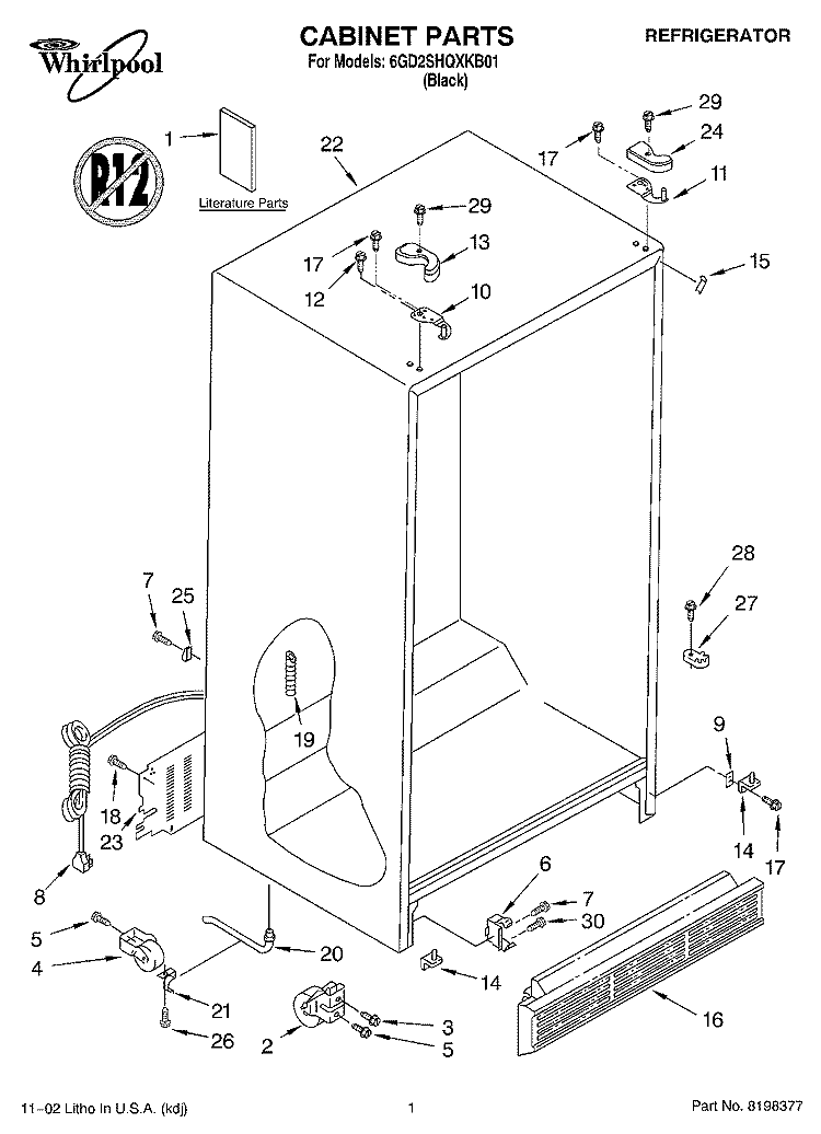 CABINET, LITERATURE Diagram and Parts List for 6GD2SHQXKB01  Whirlpool Refrigerator
