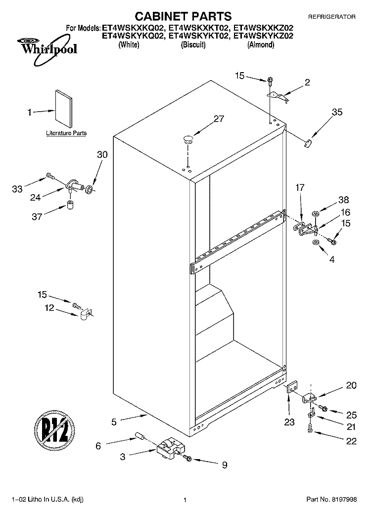 CABINET, LITERATURE Diagram and Parts List for ET4WSKXKZ02  Whirlpool Refrigerator