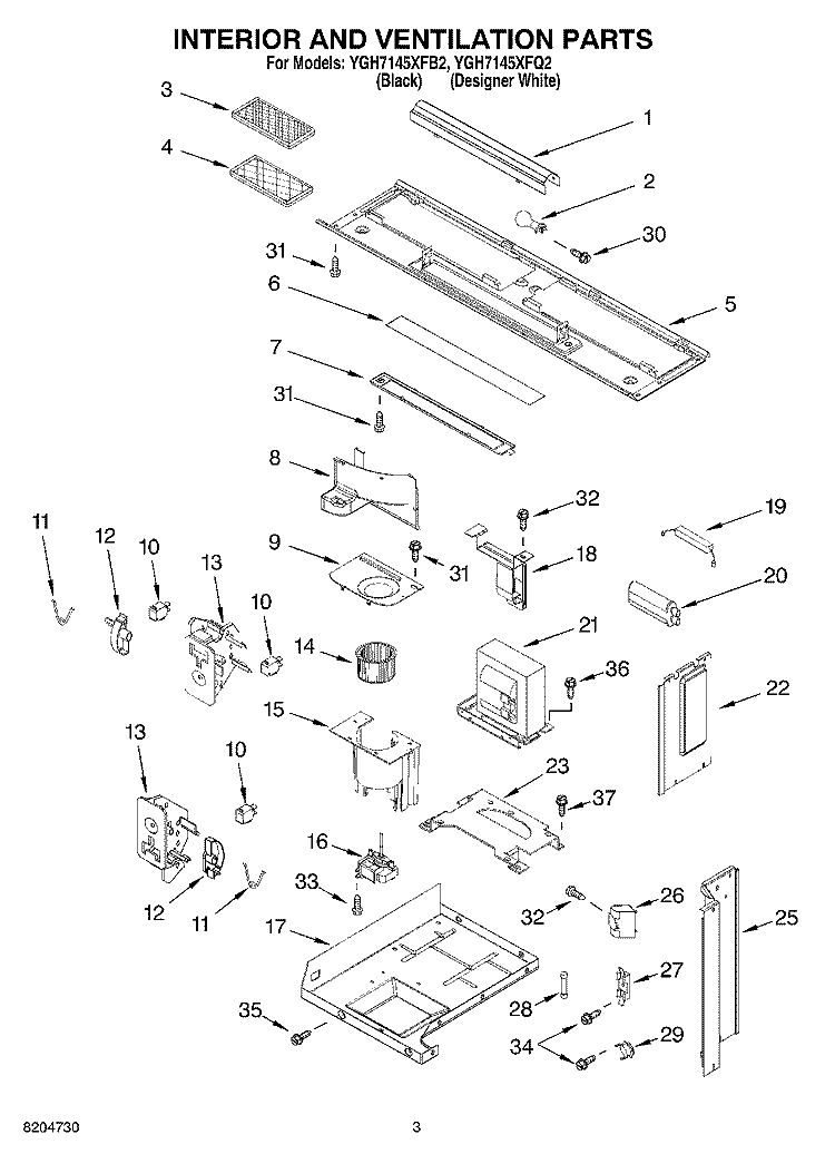 INTERIOR AND VENTILATION PARTS Diagram and Parts List for YGH7145XFB2  Whirlpool Microwave