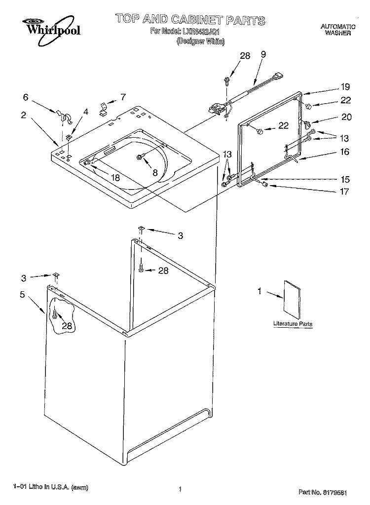 TOP AND CABINET, LITERATURE Diagram and Parts List for LXR6432JQ1  Whirlpool Washer