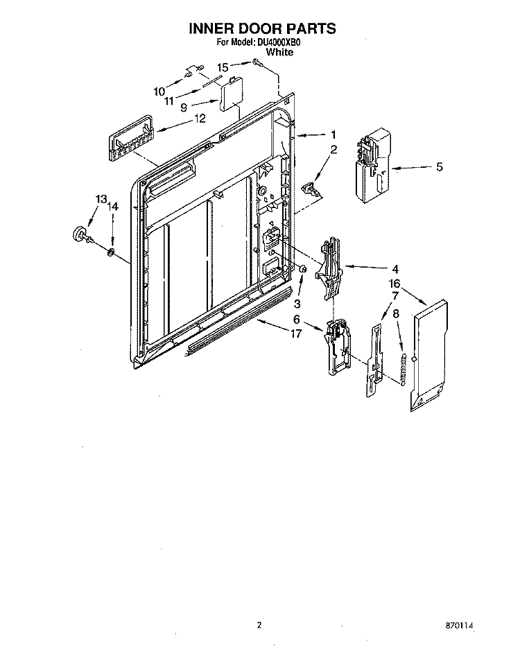 INNER DOOR Diagram and Parts List for DU4000XB0  Whirlpool Dishwasher