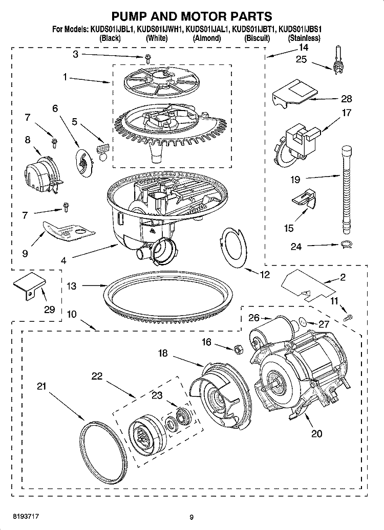 PUMP AND MOTOR PARTS Diagram and Parts List for KUDS01IJBS1  KitchenAid Dishwasher