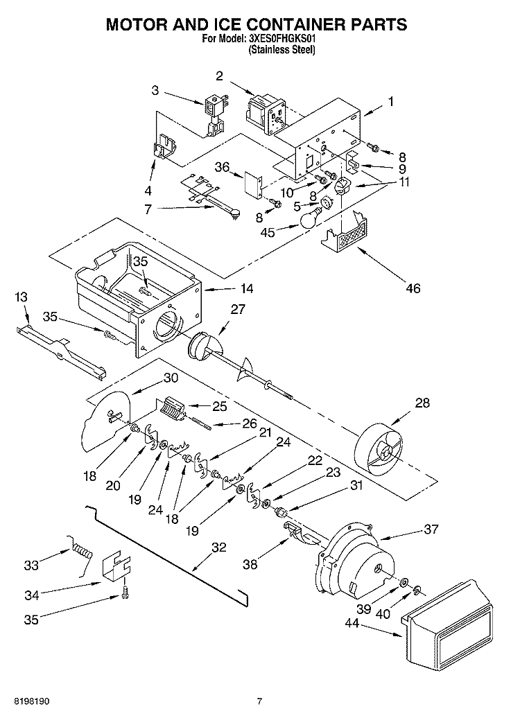 MOTOR AND ICE CONTAINER Diagram and Parts List for 3XES0FHGKS01  Whirlpool Refrigerator