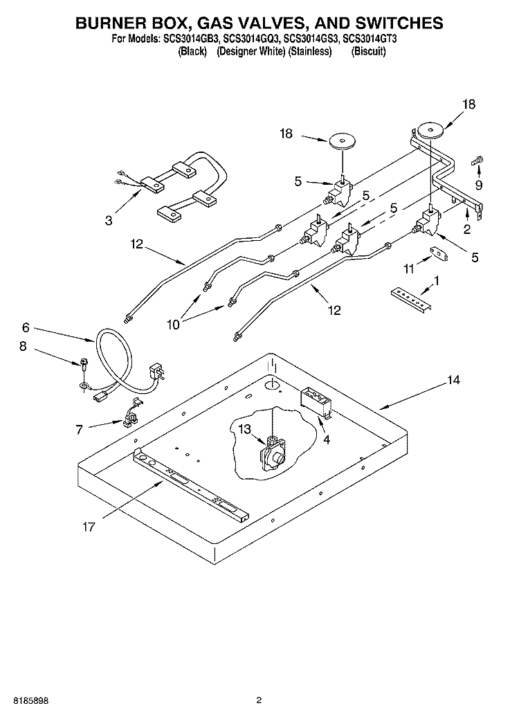 BURNER BOX, GAS VALVES, AND SWITCHES Diagram and Parts List for SCS3014GQ3  Whirlpool Cooktop