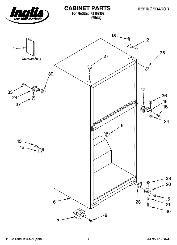 CABINET PARTS Diagram and Parts List for IKT162302  Inglis Refrigerator