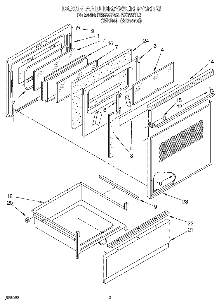 DOOR AND DRAWER Diagram and Parts List for FES355YW2  Roper Range