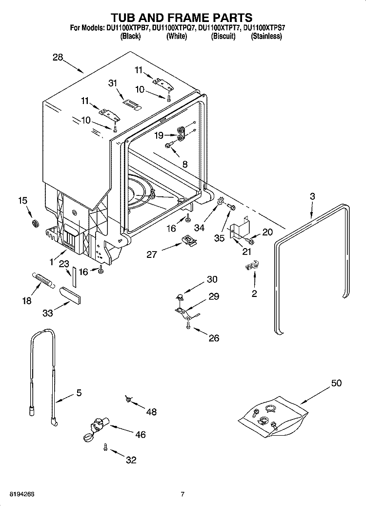 TUB AND FRAME PARTS Diagram and Parts List for DU1100XTPB7  Whirlpool Dishwasher