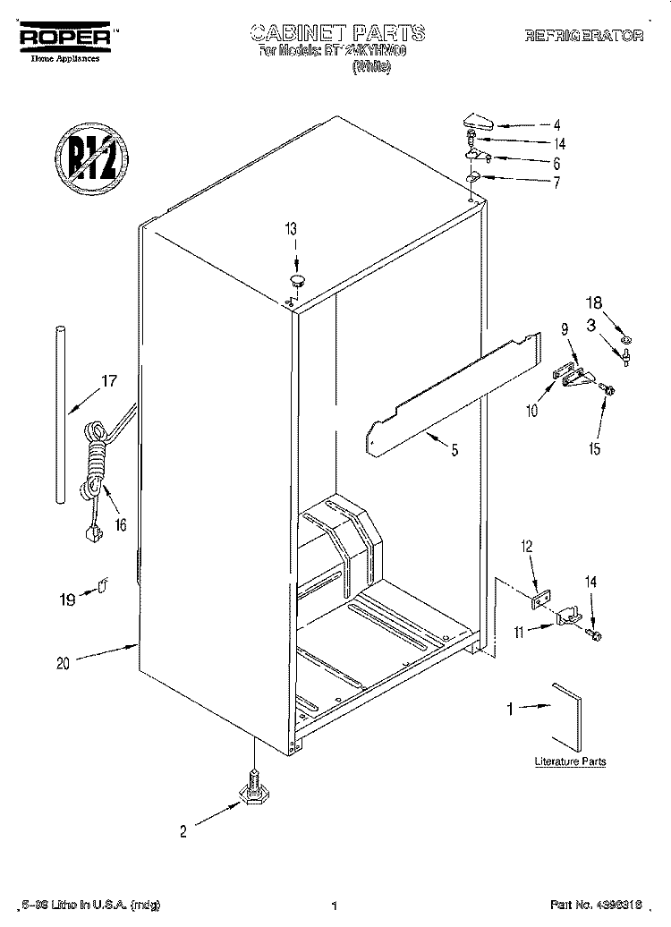 CABINET, LITERATURE Diagram and Parts List for RT12VKYHW00  Roper Refrigerator