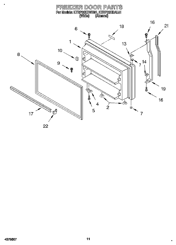 FREEZER DOOR, LIT/OPTIONAL Diagram and Parts List for KTRP20KDWH01  KitchenAid Refrigerator