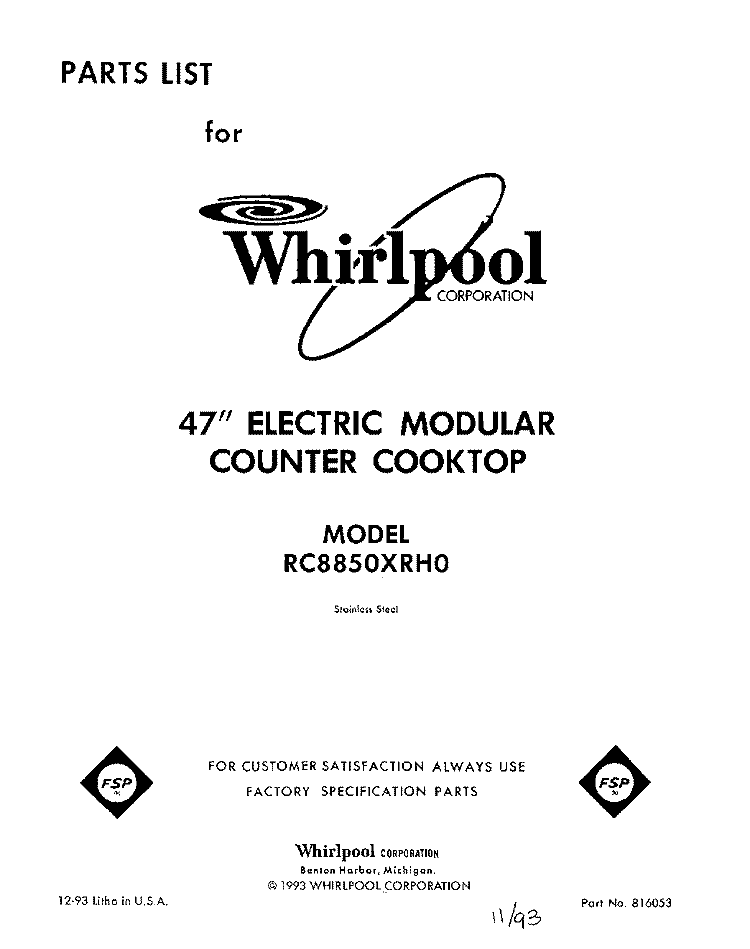 SECTION Diagram and Parts List for RC8850XRH0  Whirlpool Cooktop