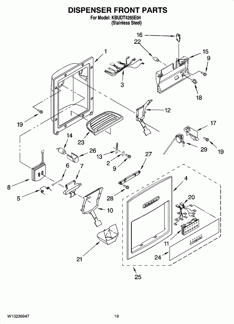 DISPENSER FRONT PARTS Diagram and Parts List for KBUDT4265E04  KitchenAid Refrigerator
