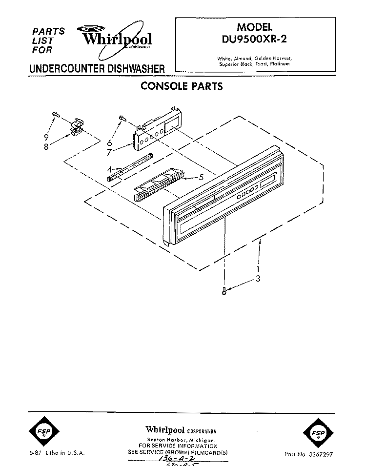 CONSOLE Diagram and Parts List for DU9500XR2  Whirlpool Dishwasher
