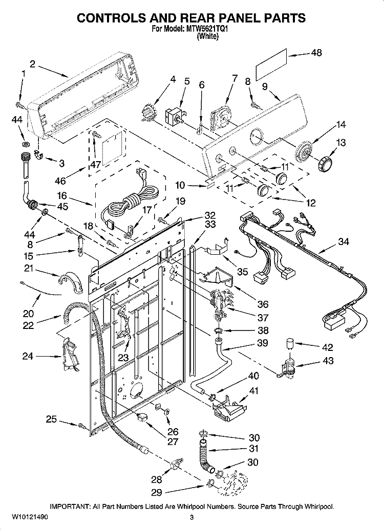 CONTROLS AND REAR PANEL PARTS Diagram and Parts List for MTW5621TQ1  Whirlpool Washer