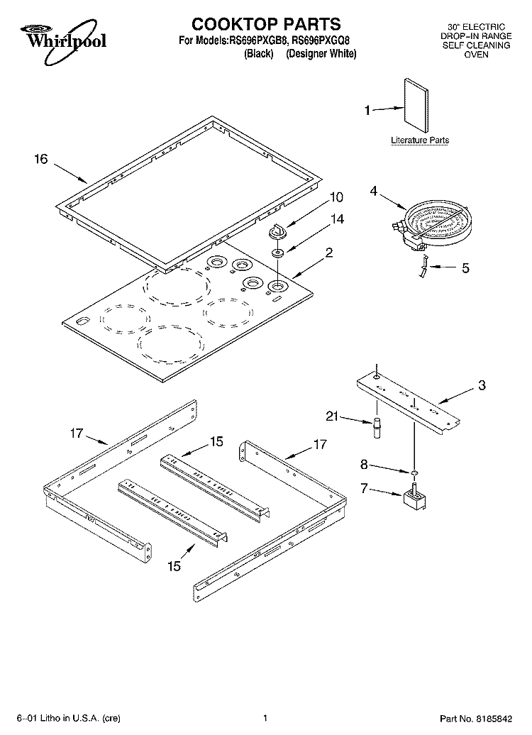 COOKTOP, LITERATURE Diagram and Parts List for RS696PXGB8  Whirlpool Range