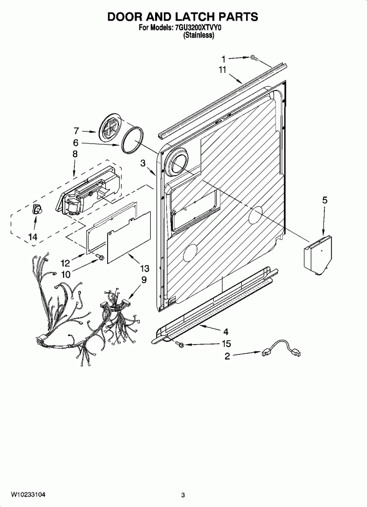 DOOR AND LATCH PARTS Diagram and Parts List for 7GU3200XTVY0  Whirlpool Dishwasher