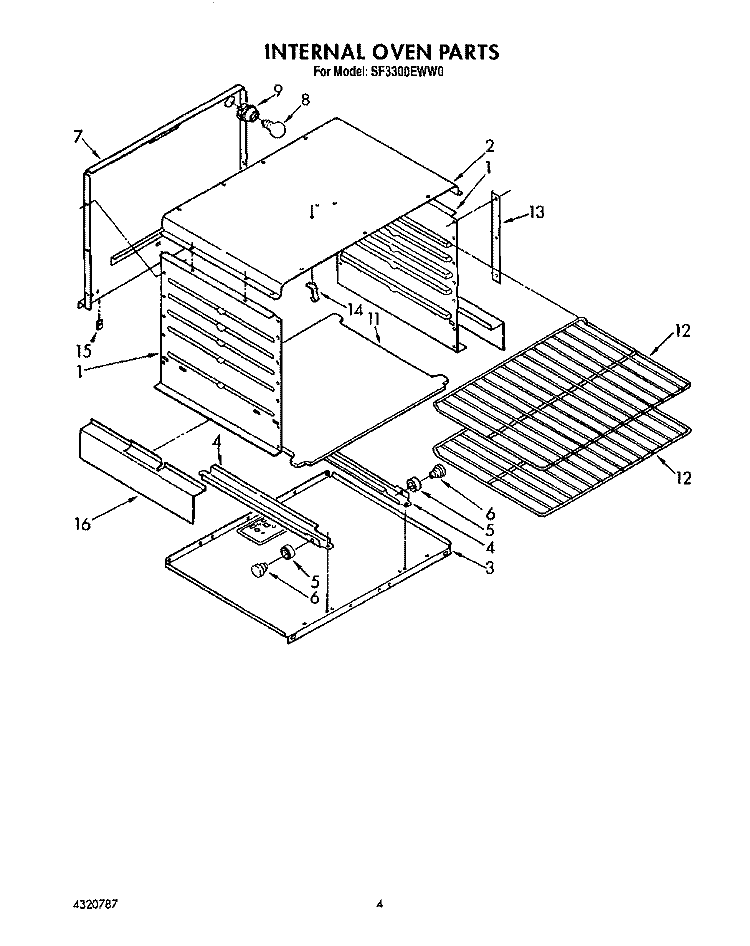 INTERNAL OVEN Diagram and Parts List for SF3300EWW0  Whirlpool Range