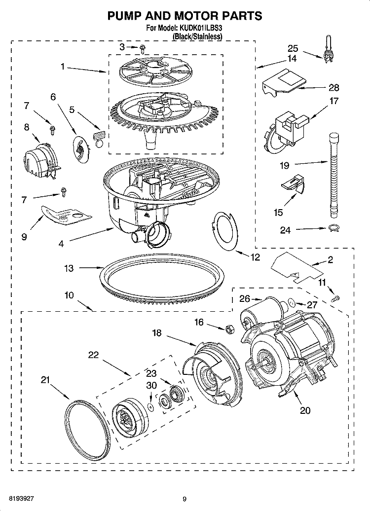 PUMP AND MOTOR PARTS Diagram and Parts List for KUDK01ILBS3  KitchenAid Dishwasher