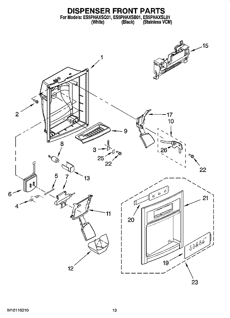 DISPENSER FRONT PARTS Diagram and Parts List for ES5PHAXSB01  Whirlpool Refrigerator