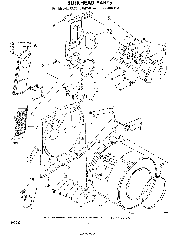 BULKHEAD Diagram and Parts List for GCE2500XMW0  Whirlpool Dryer