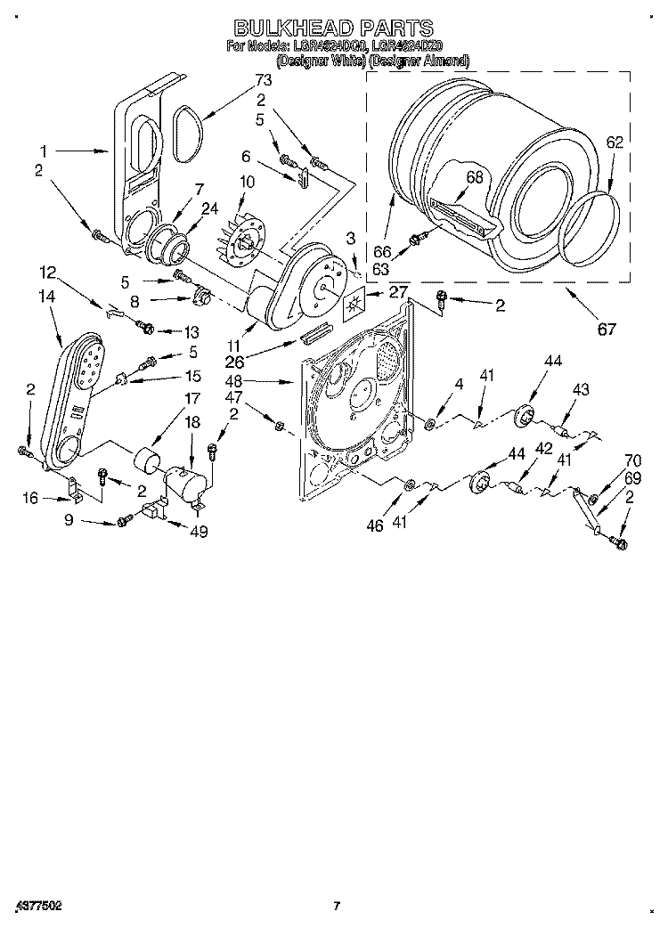BULKHEAD Diagram and Parts List for LGR4624DQ0  Whirlpool Dryer