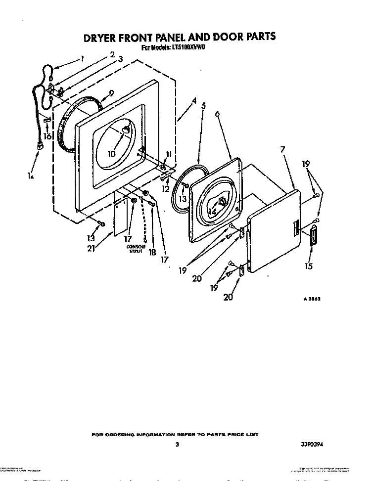 DRYER FRONT PANEL AND DOOR Diagram and Parts List for LT5100XVW0  Whirlpool Washer Dryer Combo