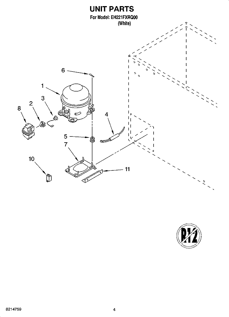 UNIT PARTS, OPTIONAL PARTS (NOT INCLUDED) Diagram and Parts List for EH221FXRQ00  Whirlpool Freezer