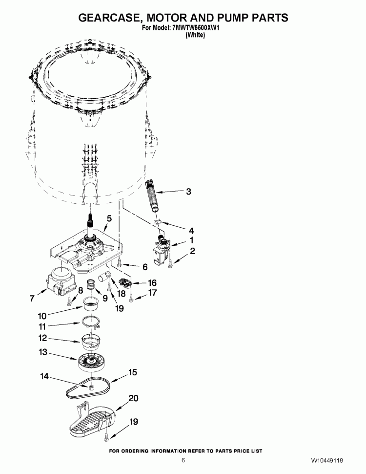 GEARCASE, MOTOR AND PUMP PARTS Diagram and Parts List for 7MWTW5500XW1  Whirlpool Washer