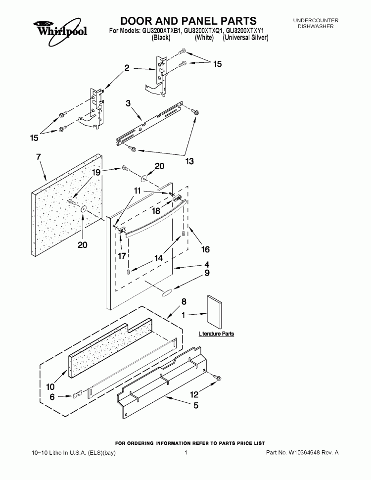 DOOR AND PANEL PARTS Diagram and Parts List for GU3200XTXQ1  Whirlpool Dishwasher
