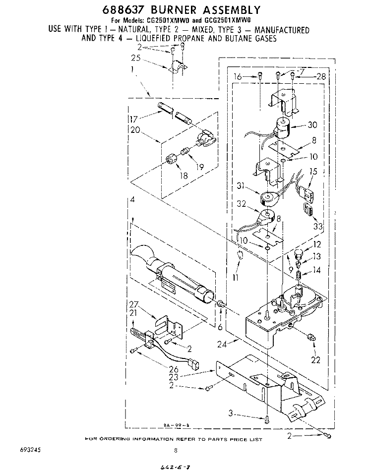 688637 BURNER Diagram and Parts List for CG2501XMW0  Whirlpool Dryer