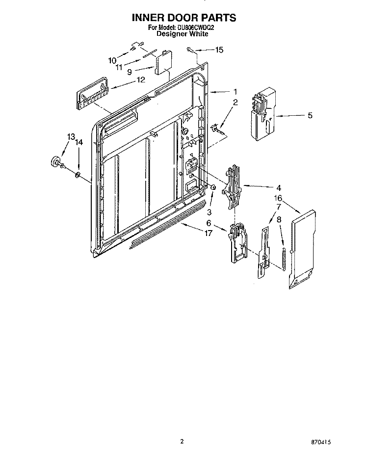 INNER DOOR Diagram and Parts List for DU806CWDQ2  Whirlpool Dishwasher